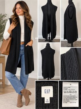 GAP Black Chunky Knit Longline Open Front Sweater Vest Size M